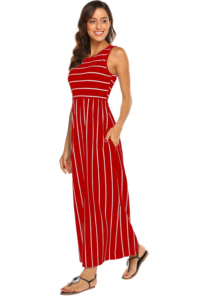 Hount Women's Summer Sleeveless Striped Flowy Casual Long Maxi Dress with Pockets (Red, XX-Large) - Image 1